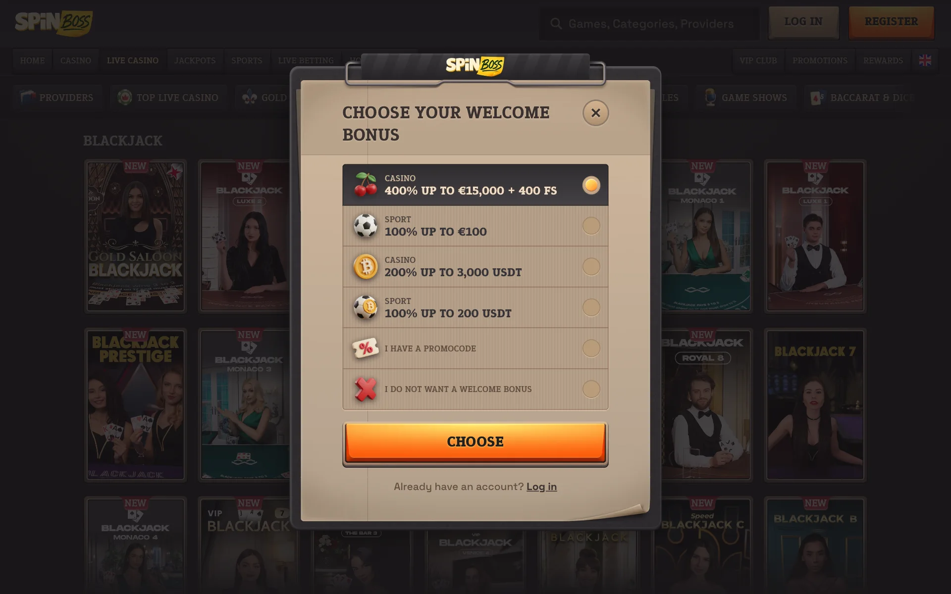 SpinBoss sign-up window offering the casino, sport and crypto welcome choices